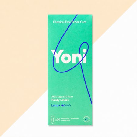Verpakking van Yoni Inlegkruisjes Lang, doos met 20 stuks van 100% biologisch katoen, mintgroene verpakking met Yoni-logo