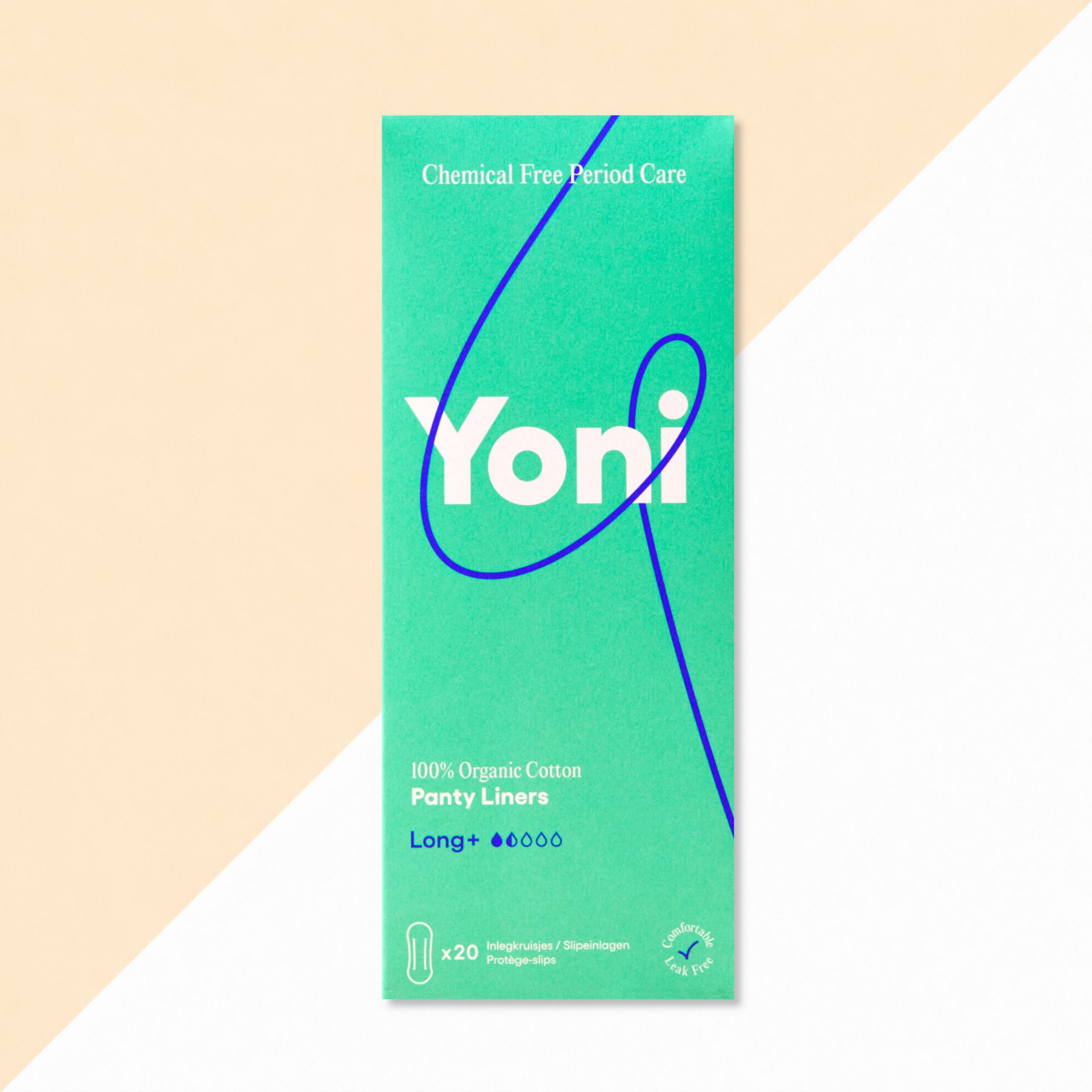 Yoni Inlegkruisjes Lang verpakking Verpakking van Yoni Inlegkruisjes Lang, doos met 20 stuks van 100% biologisch katoen, mintgroene verpakking met Yoni-logo