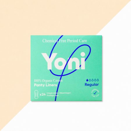 Verpakking van Yoni Inlegkruisjes Regular, doos met 24 stuks van 100% biologisch katoen, mintgroene verpakking met Yoni-logo