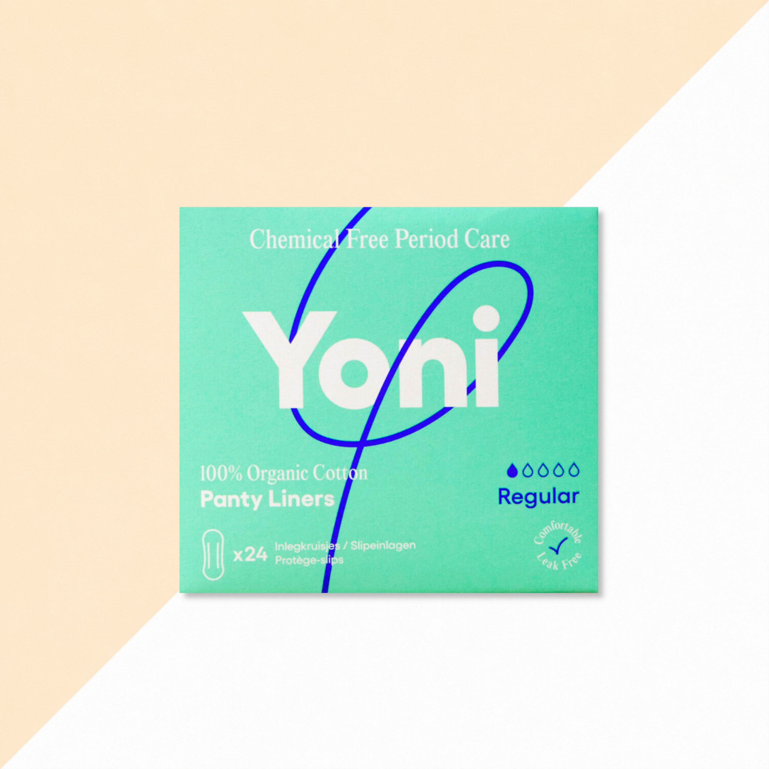 Yoni Inlegkruisjes Regular verpakking vooraanzicht Verpakking van Yoni Inlegkruisjes Regular, doos met 24 stuks van 100% biologisch katoen, mintgroene verpakking met Yoni-logo