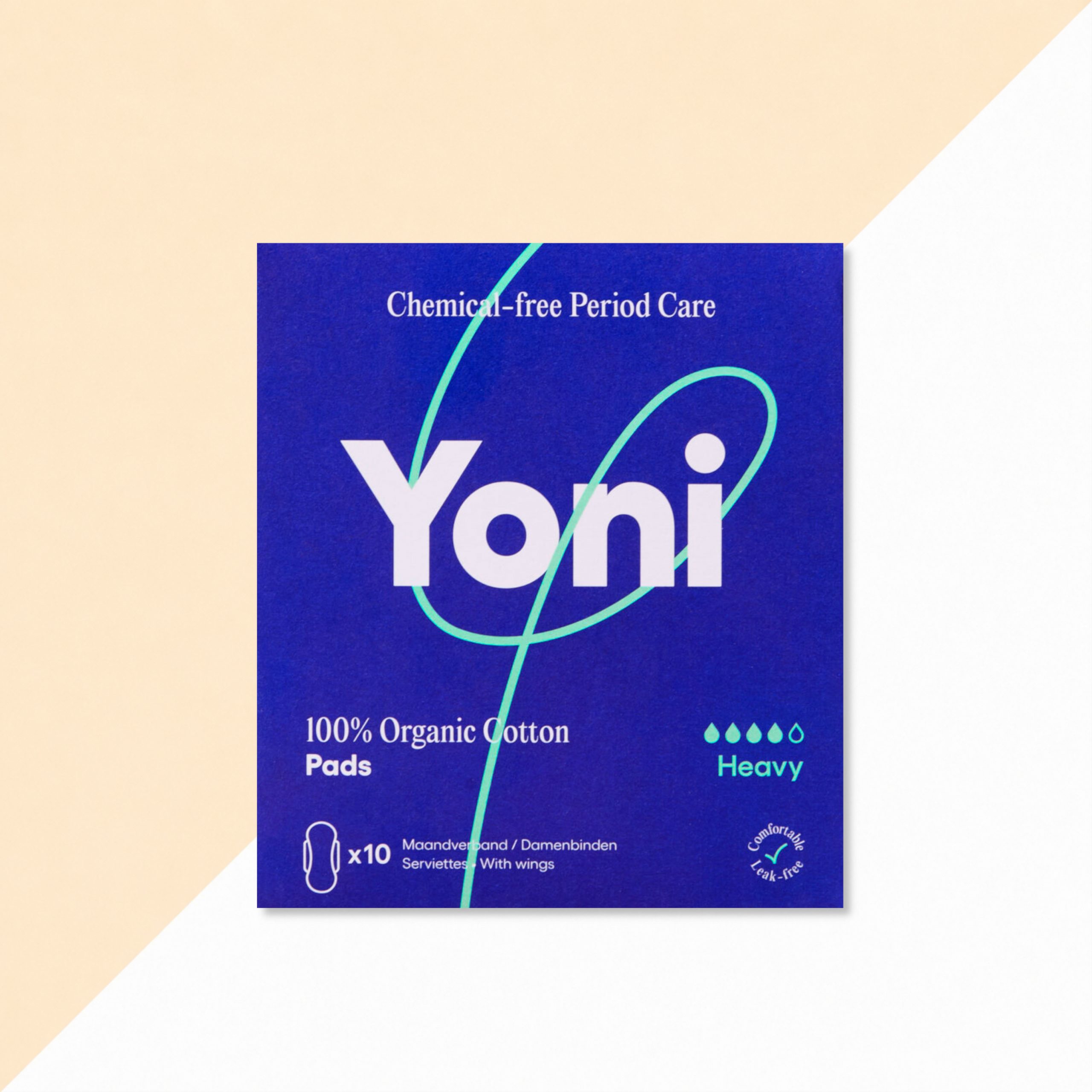 Yoni Maandverband Heavy verpakking Verpakking van Yoni Maandverband Heavy met vleugels, doos met 10 stuks van 100% biologisch katoen, blauwe verpakking met Yoni-logo