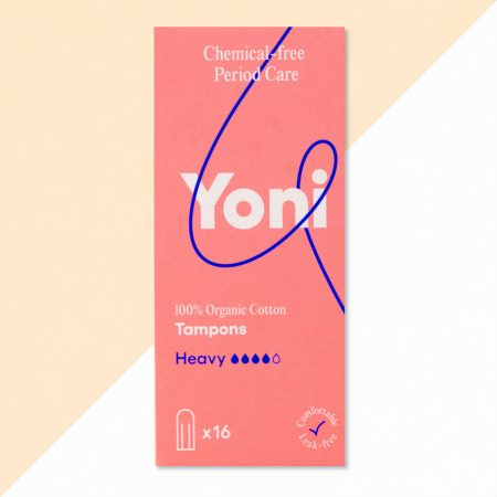 Verpakking van Yoni Tampons Heavy, doos met 16 stuks van 100% biologisch katoen, roze verpakking met blauw Yoni-logo