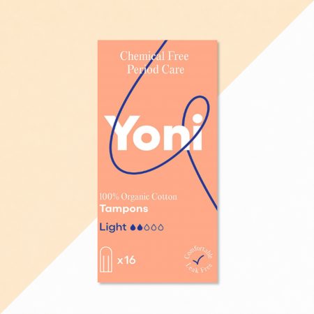 Verpakking van Yoni Tampons Light, doos met 16 stuks van 100% biologisch katoen