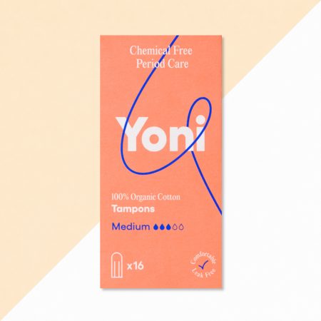 Verpakking van Yoni Tampons Medium, doos met 16 stuks van 100% biologisch katoen