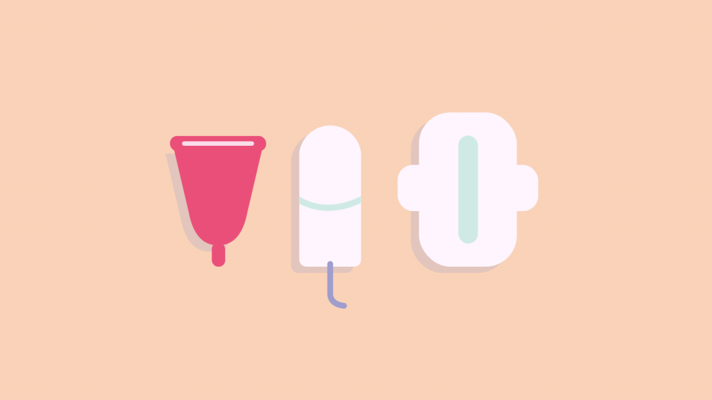Illustratie van een menstruatiecup, een tampon en een maandverband naast elkaar, bij de keuzehulp menstruatieproducten