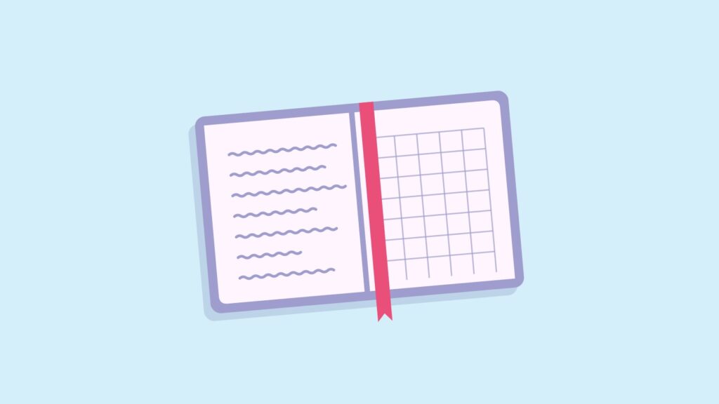 Illustratie van een opengeslagen notitieboekje met een leeslint
